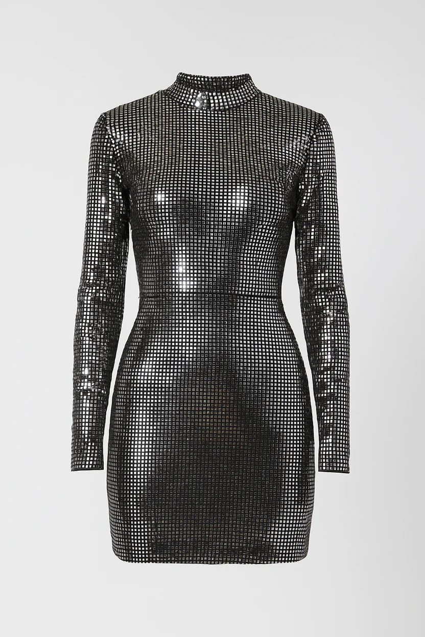 Silver Metallic Sequin Long Sleeve Bodycon Mini Dress - Image 2