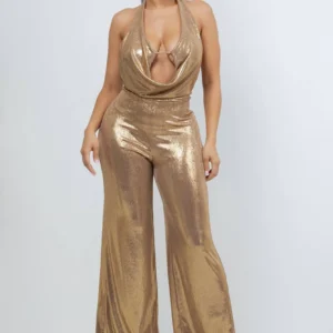 METALLIC GOLD HALTER JUMPSUIT WITH CROSS BACK