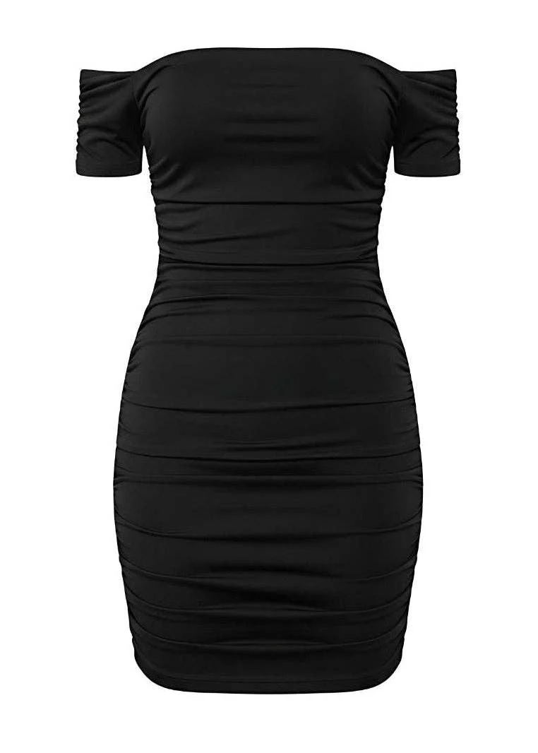 Black Ruched Bardot Bodycon Mini Dress - Image 2