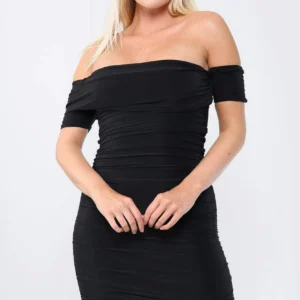 Black Ruched Bardot Bodycon Mini Dress