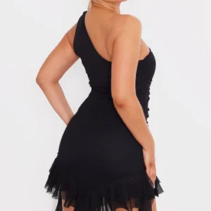 Black Mesh One Shoulder Draped Frill Detail Bodycon Dress