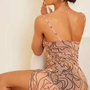 Nude Abstract Line Print Ruched Bodycon Dress