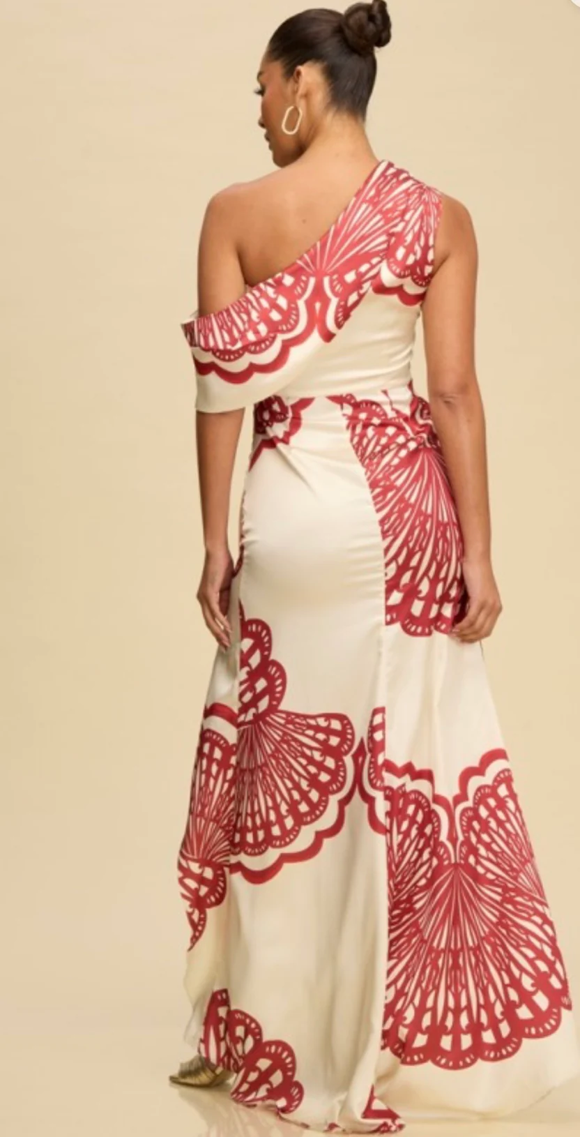 HOC One-Shoulder Printed Resort Maxi Dress – Crimson Ivory - Image 2
