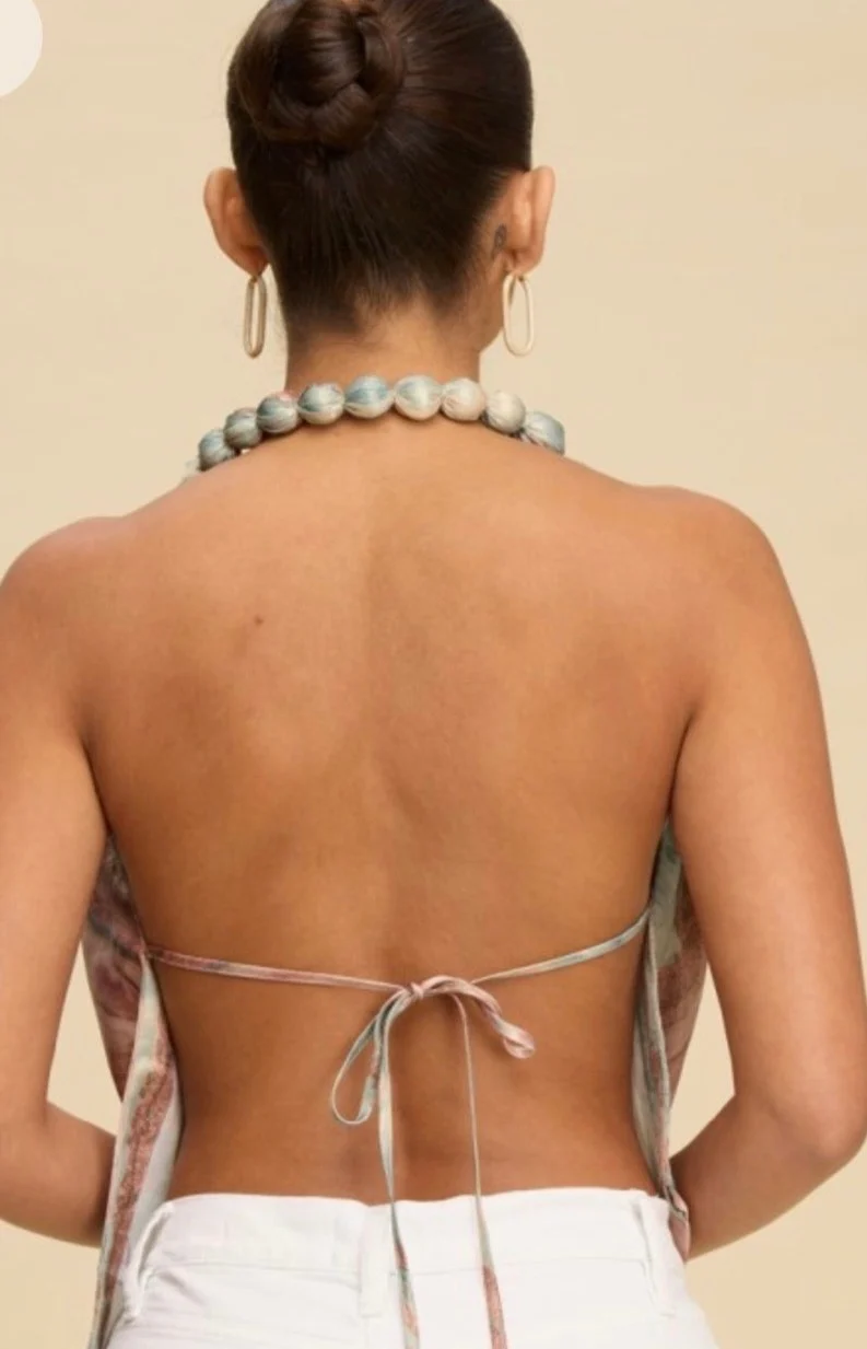 Marble Satin Draped Halter Top – Sage Multi - Image 2