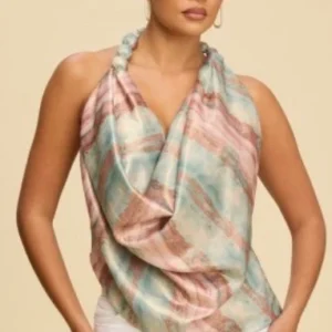 Marble Satin Draped Halter Top – Sage Multi