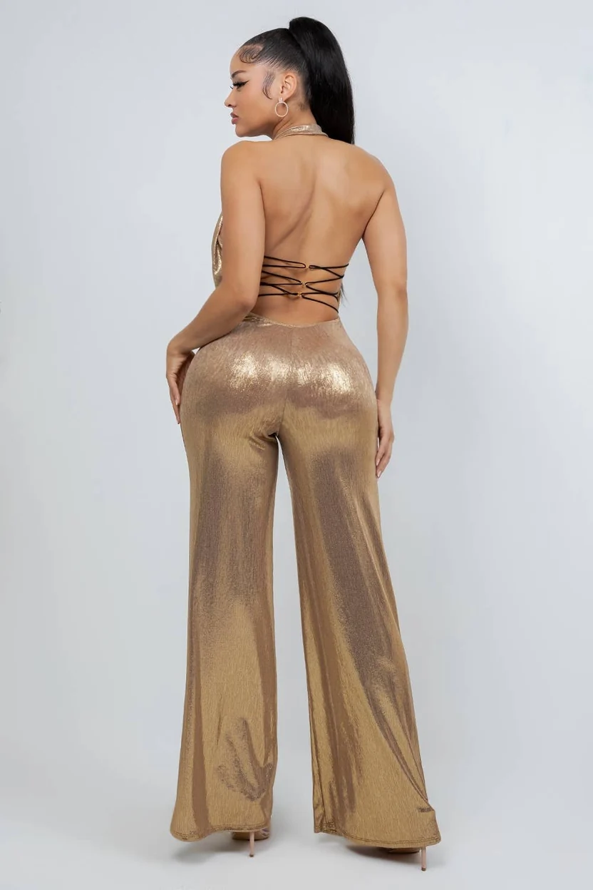 METALLIC GOLD HALTER JUMPSUIT WITH CROSS BACK - Image 3