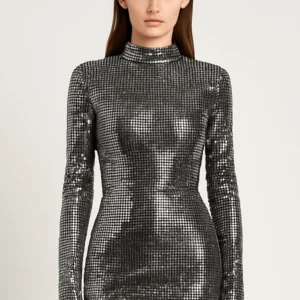 Silver Metallic Sequin Long Sleeve Bodycon Mini Dress