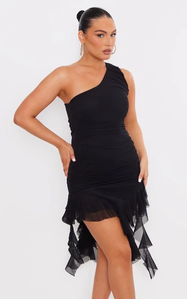 Black Mesh One Shoulder Draped Frill Detail Bodycon Dress - Image 2