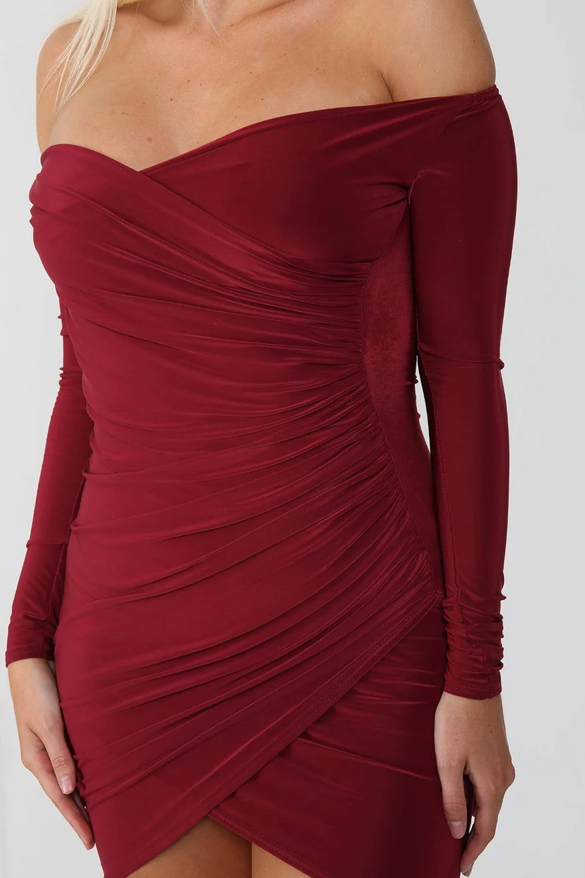 Bardot Neck Ruched Slinky Bodycon Mini Dress - Off Shoulder - Image 2