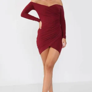 Bardot Neck Ruched Slinky Bodycon Mini Dress - Off Shoulder